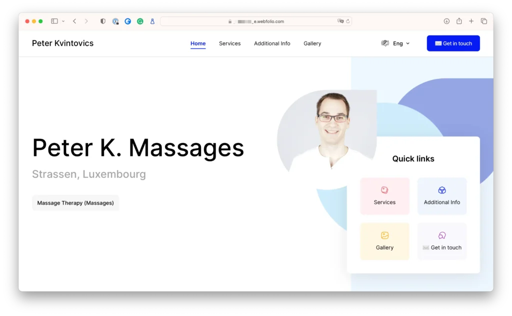 Capture d'écran d'un site internet pour un masseur créé avec Webfolio
